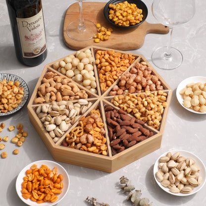 Gourmet Mixed Nuts Thanksgiving Gift Basket - 8 Assortments on a Hexagon Bamboo Platter | 2 lb Premium Gift