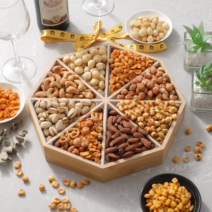 Gourmet Mixed Nuts Thanksgiving Gift Basket - 8 Assortments on a Hexagon Bamboo Platter | 2 lb Premium Gift