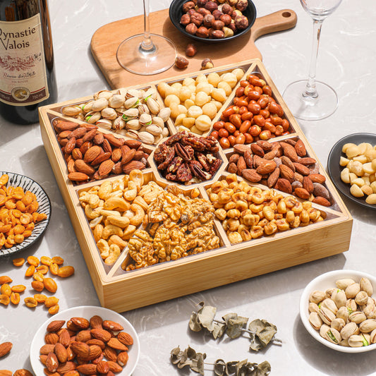 Gourmet Mixed Nuts Gift Basket - 9 Assortments on a Reusable Bamboo Platter 2 lb Holiday Gift