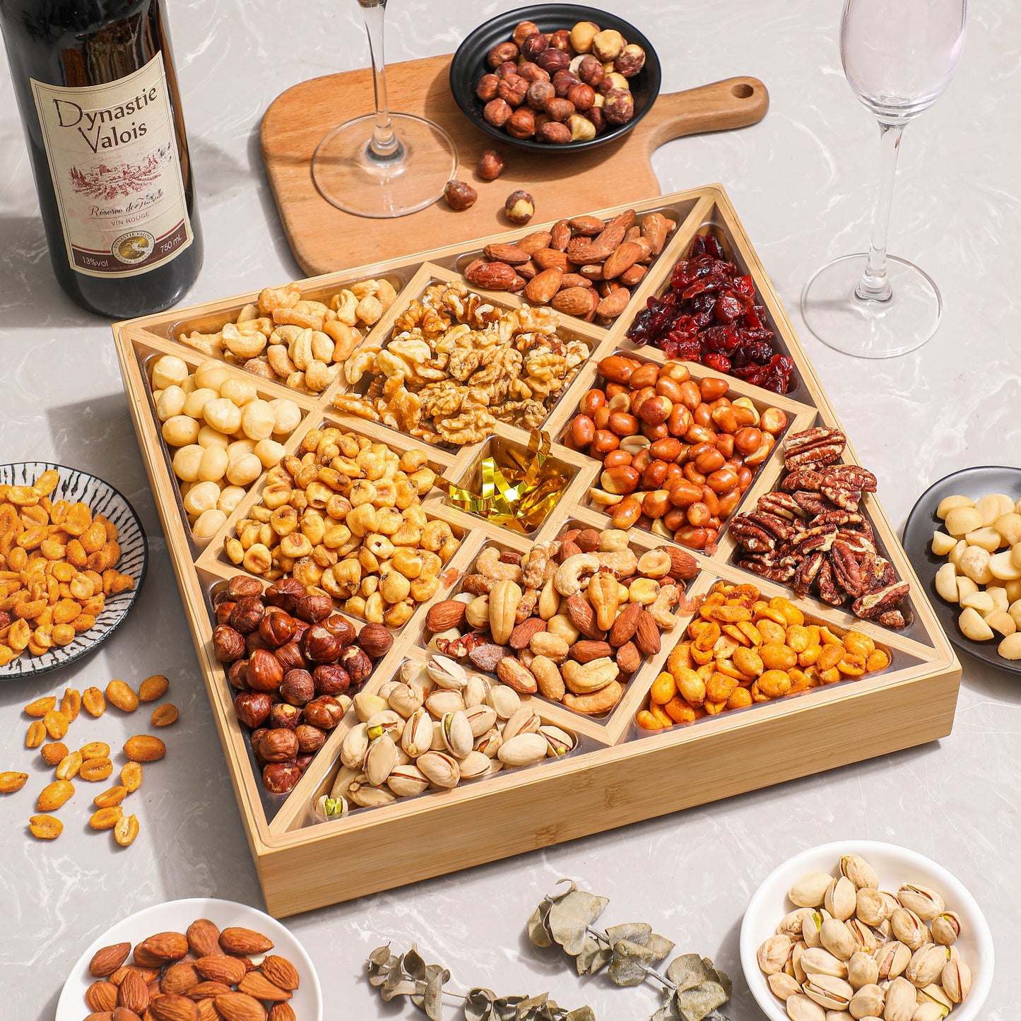 Gourmet Mixed Nuts Thanksgiving Gift Basket with Lazy Susan - 12 Assortments on a Sleek Bamboo Platter | 2.5 lb Premium Gift