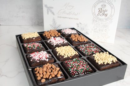 Rosie & Joy Gourmet Brownie Gift Box - 12 Decadent Brownies with Assorted Gourmet Toppings - Christmas