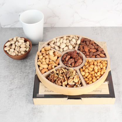 Gourmet Small Round Nut Platter - 6 Assortments of Premium Nuts - Festive Holiday Gift Basket