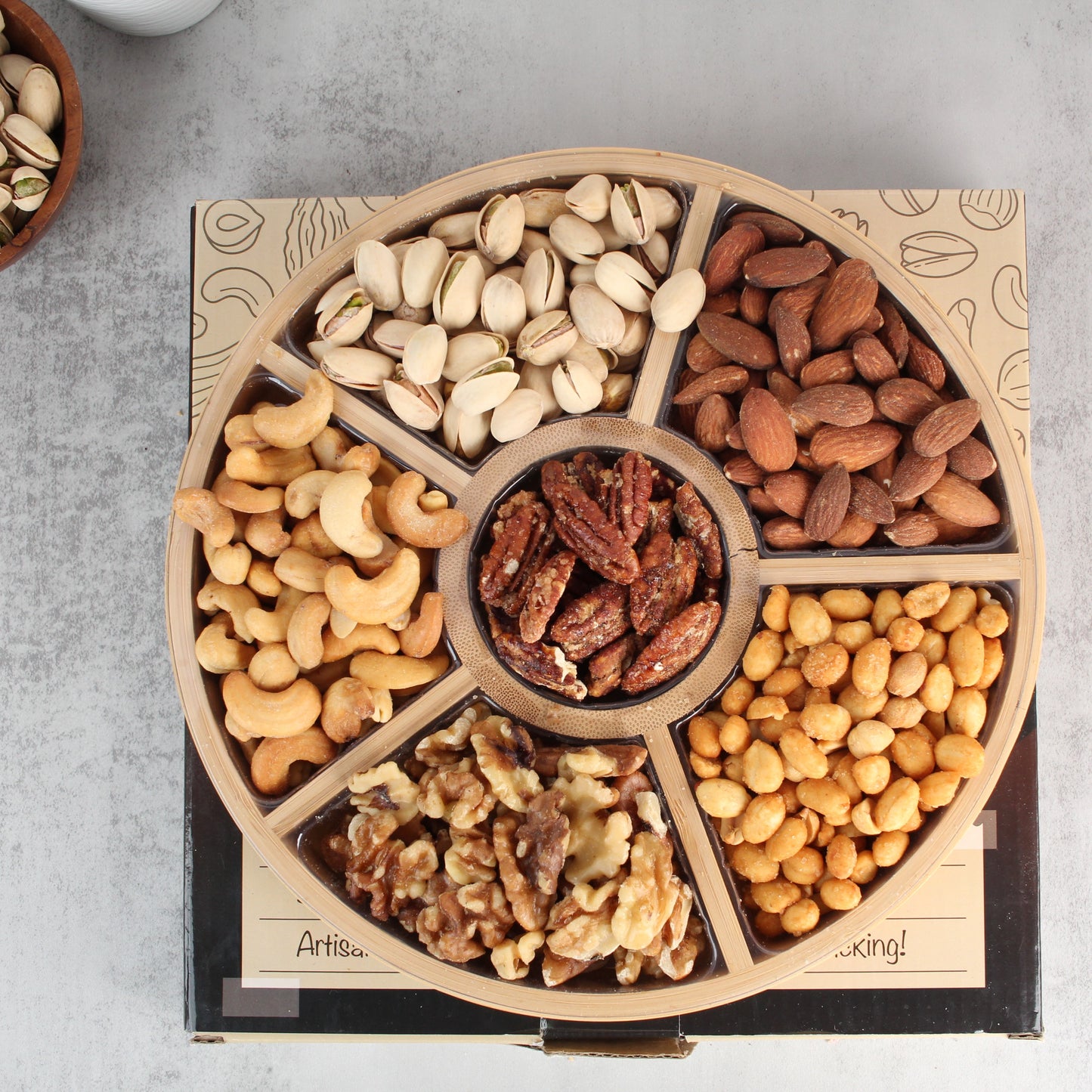 Gourmet Small Round Nut Platter - 6 Assortments of Premium Nuts - Festive Holiday Gift Basket