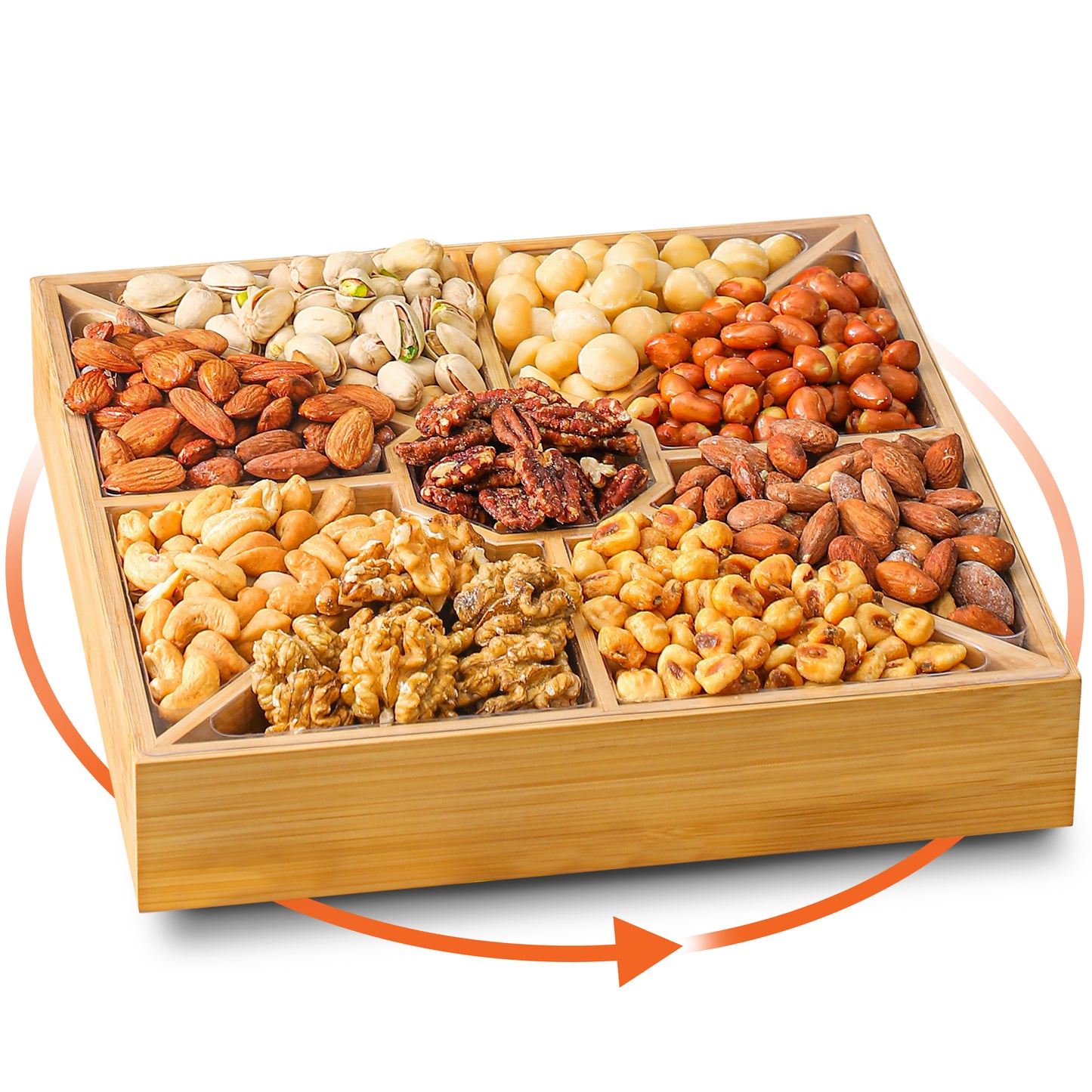 Gourmet Mixed Nuts Gift Basket - 9 Assortments on a Reusable Bamboo Lazy Susan Platter 2 lb Holiday Gift